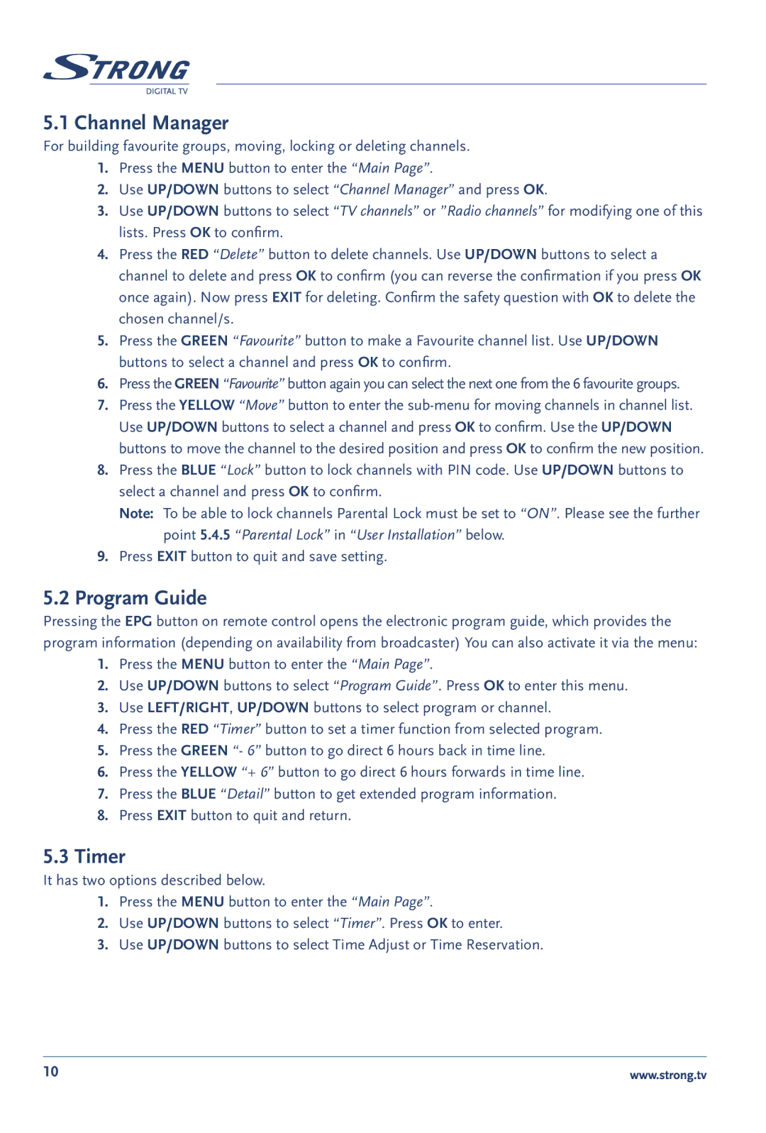 Strong Enterprises SRT 60 manual Channel Manager, Program Guide, Timer 