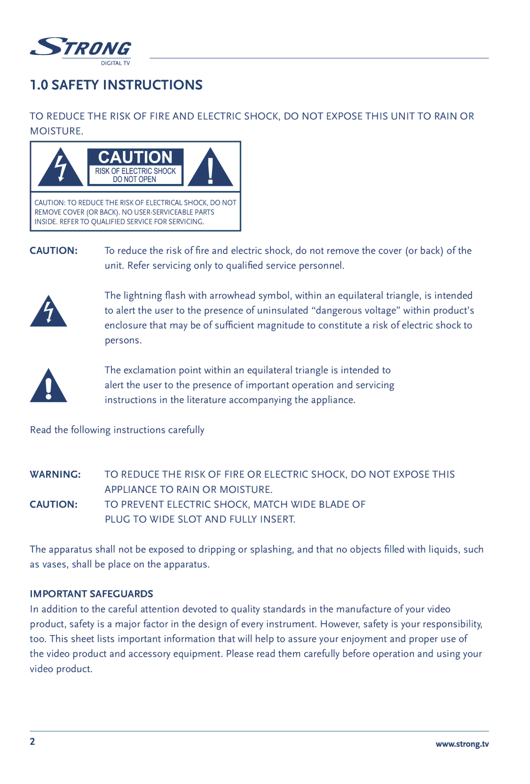 Strong Enterprises SRT 60 manual Safety Instructions, Read the following instructions carefully, Important Safeguards 