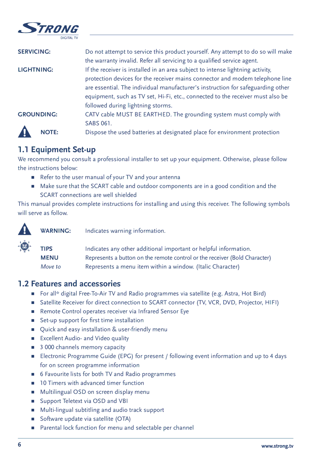 Strong Enterprises SRT 60 manual Equipment Set-up, Features and accessories 