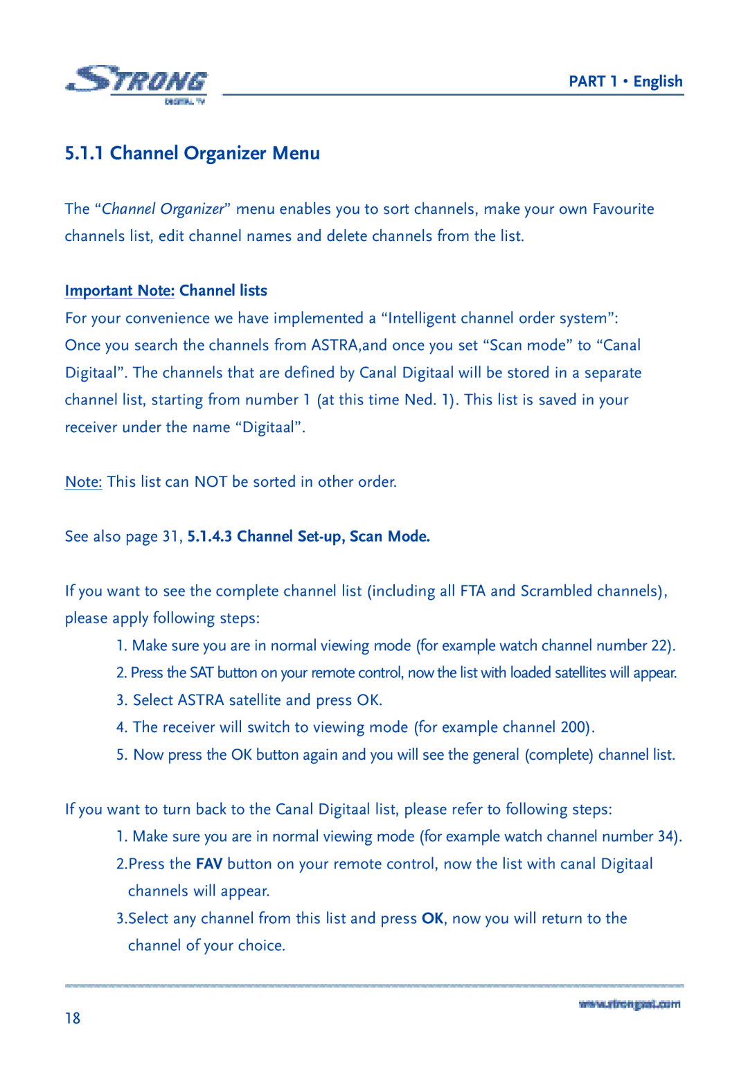 Strong Enterprises SRT 6850 manual Channel Organizer Menu, Important Note Channel lists 