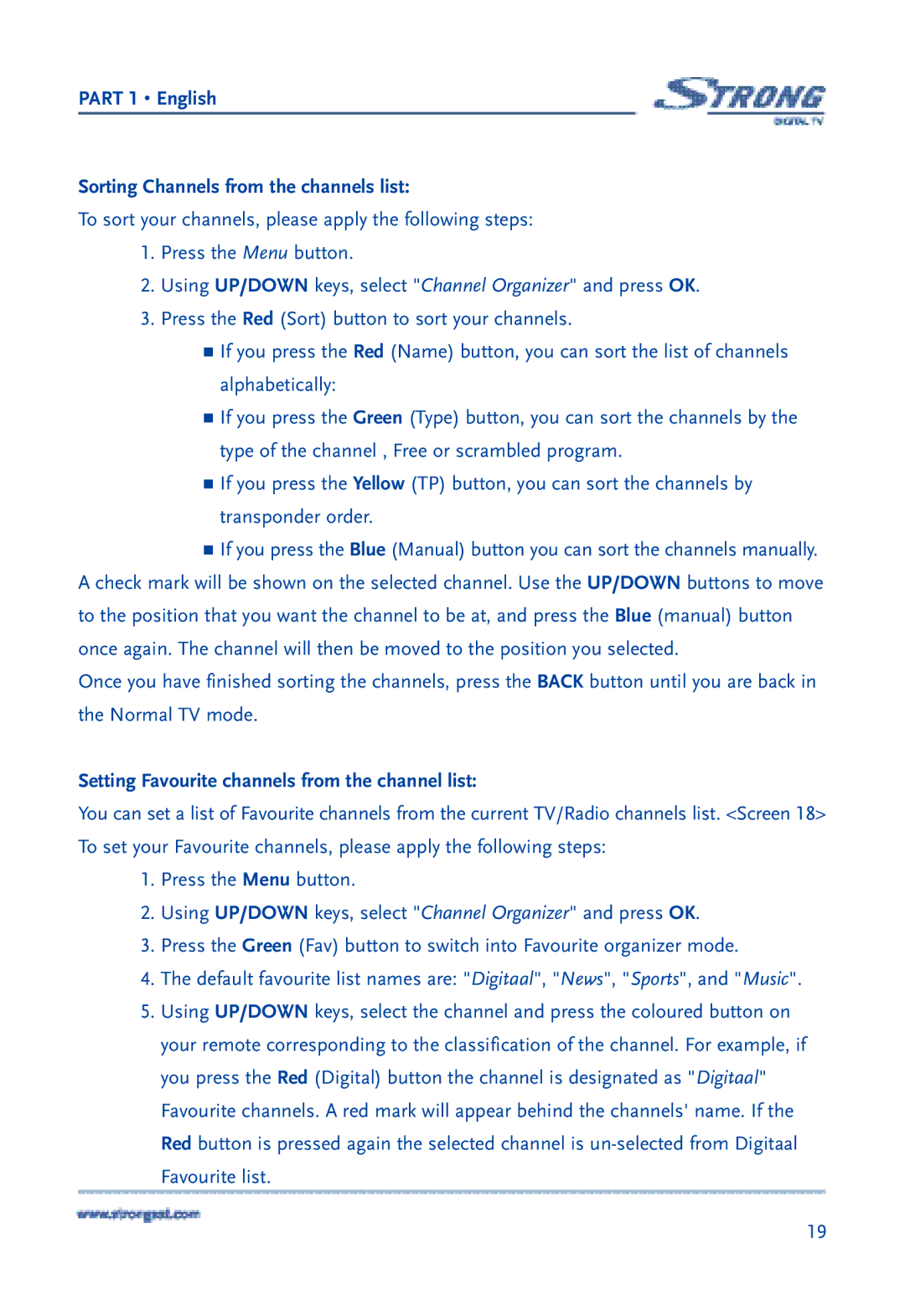 Strong Enterprises SRT 6850 manual Part 1 English Sorting Channels from the channels list 