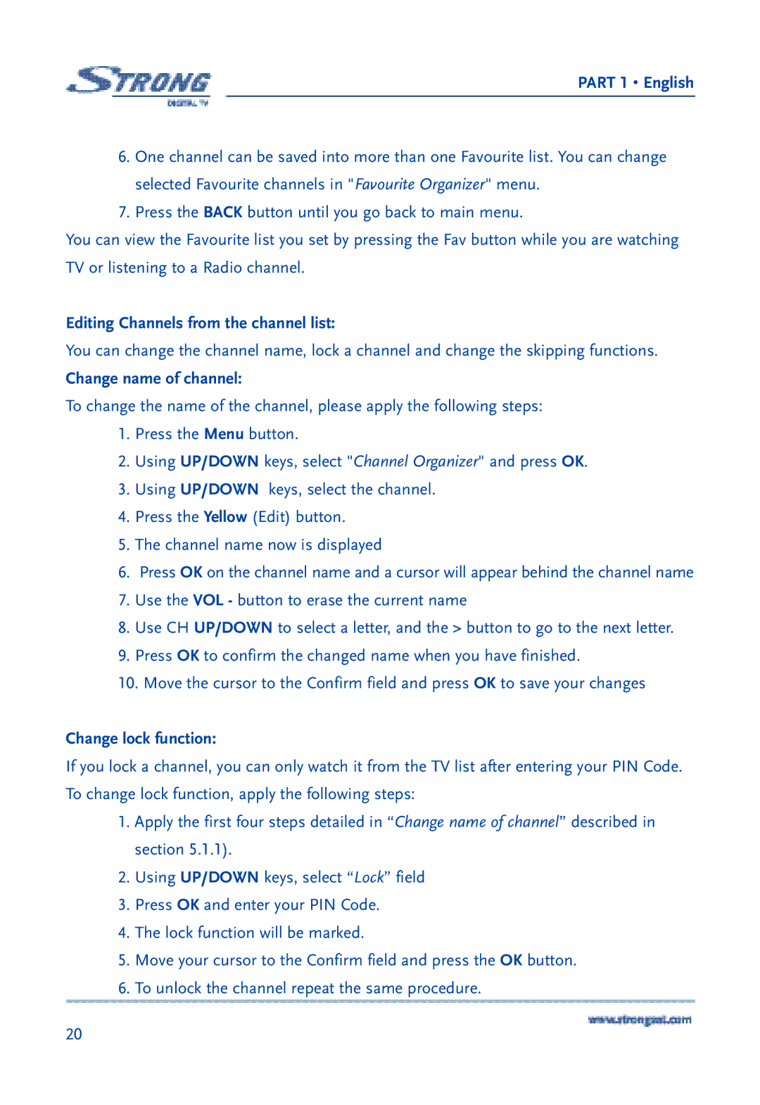 Strong Enterprises SRT 6850 manual Editing Channels from the channel list, Change name of channel, Change lock function 
