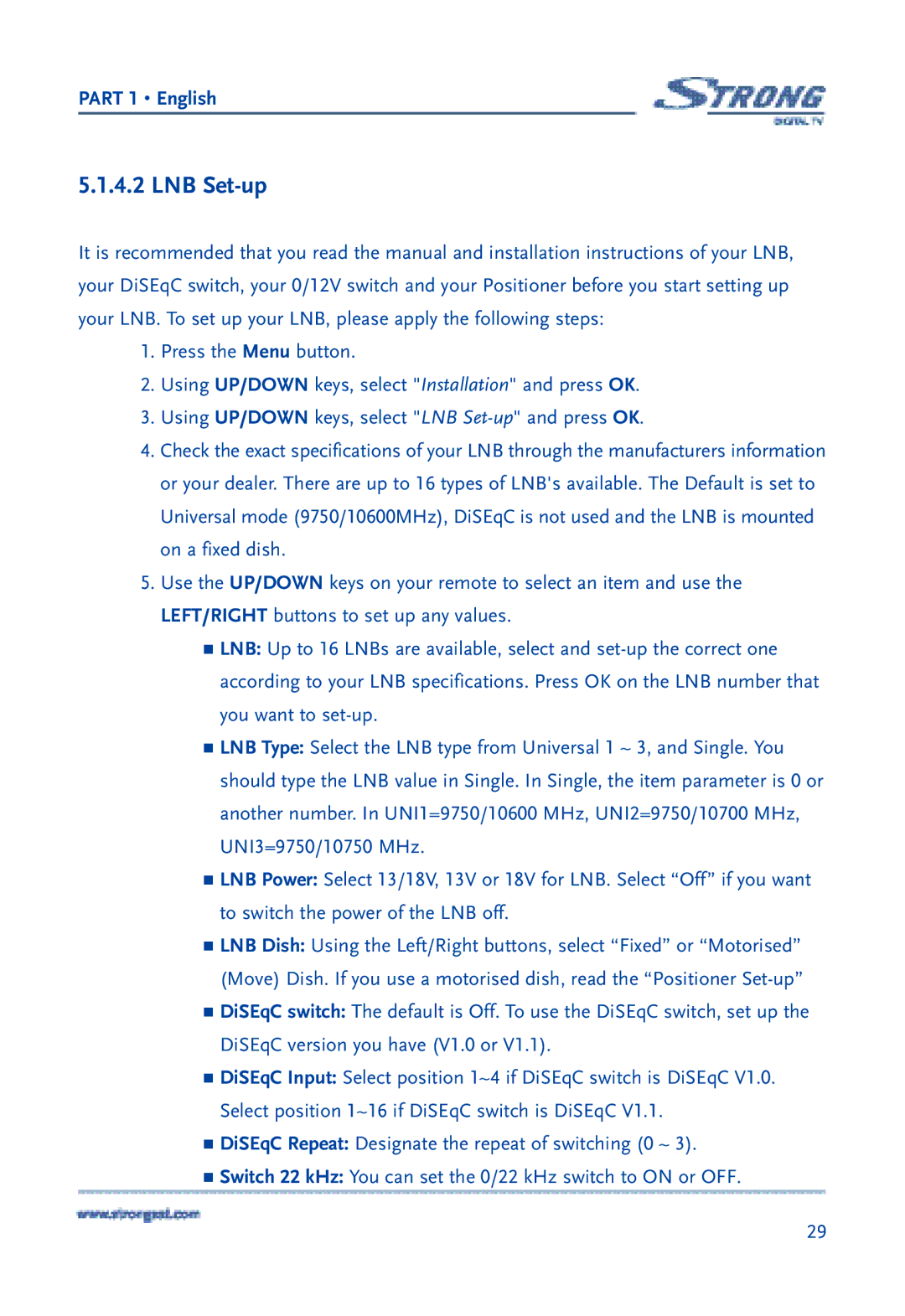 Strong Enterprises SRT 6850 manual LNB Set-up 
