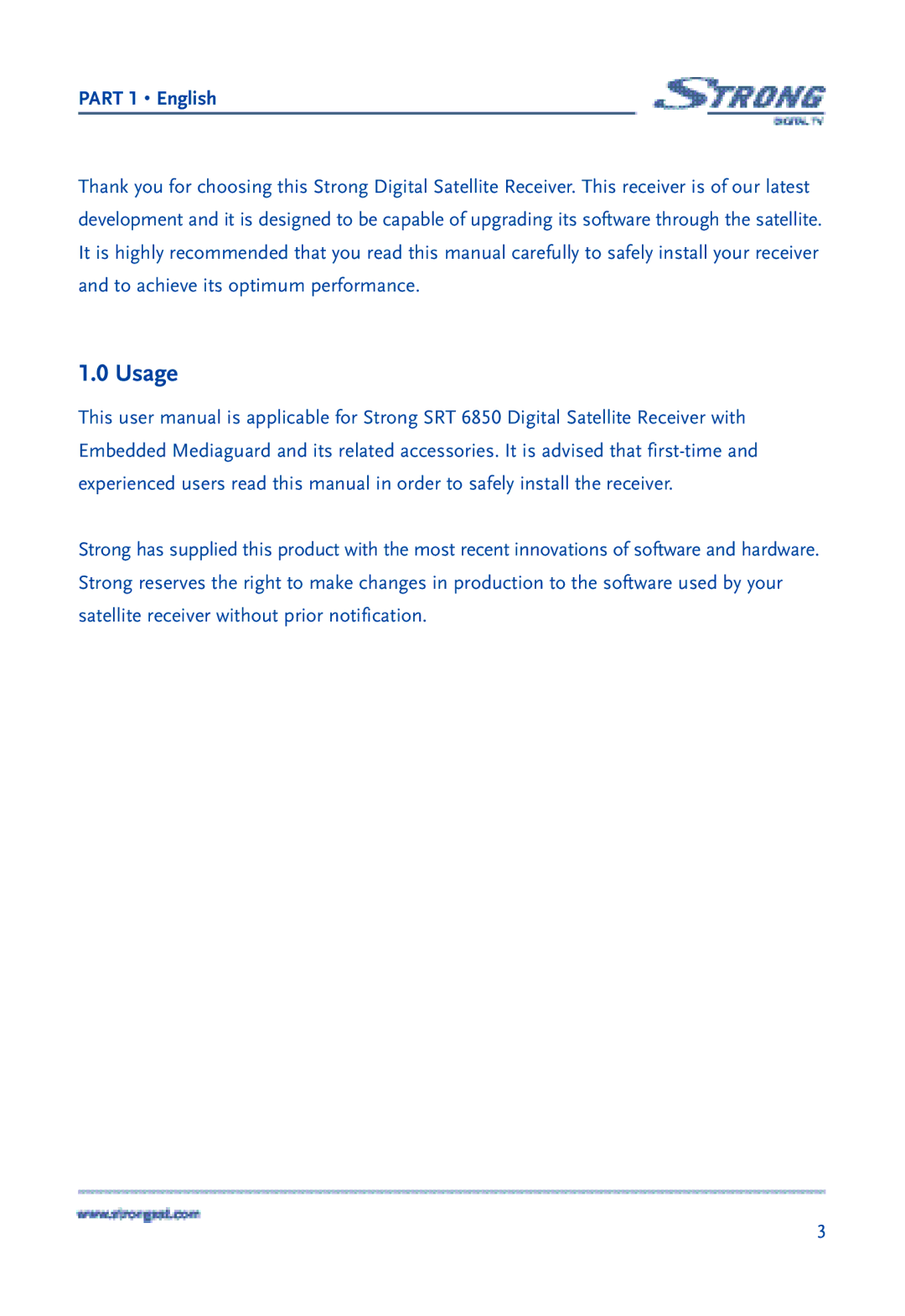 Strong Enterprises SRT 6850 manual Usage, Part 1 English 