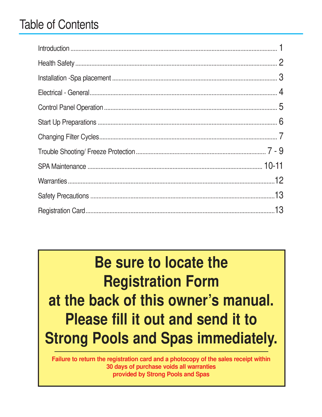 Strong Pools and Spas Barcelona owner manual Table of Contents 