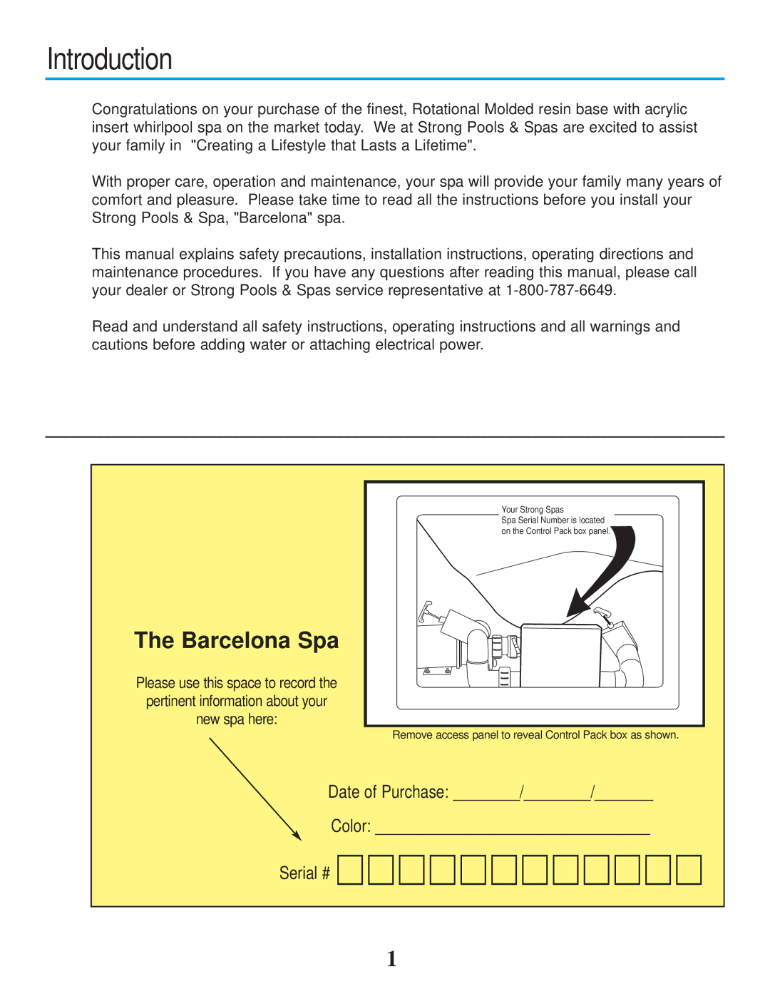 Strong Pools and Spas owner manual Introduction, Barcelona Spa 