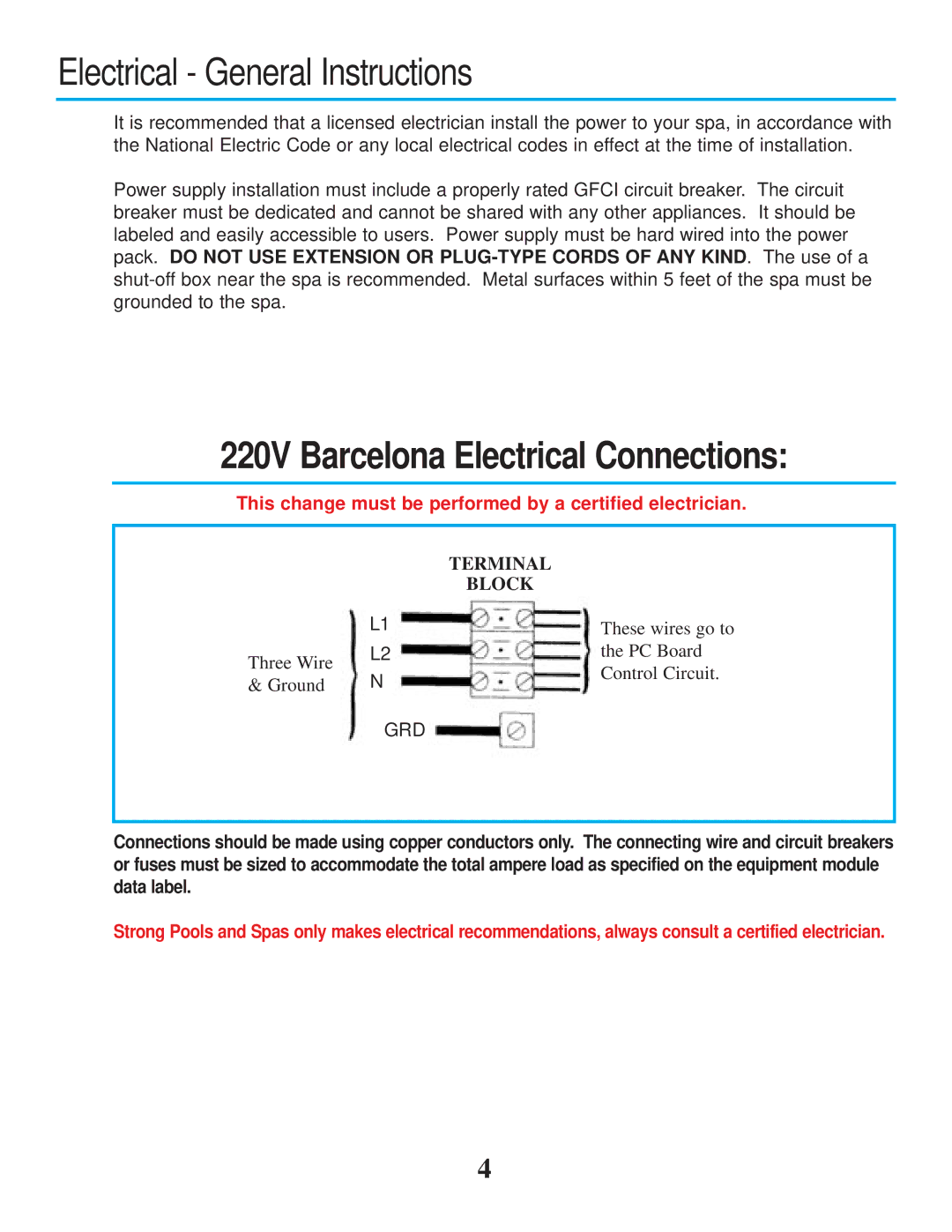 Strong Pools and Spas owner manual Electrical General Instructions, 220V Barcelona Electrical Connections 