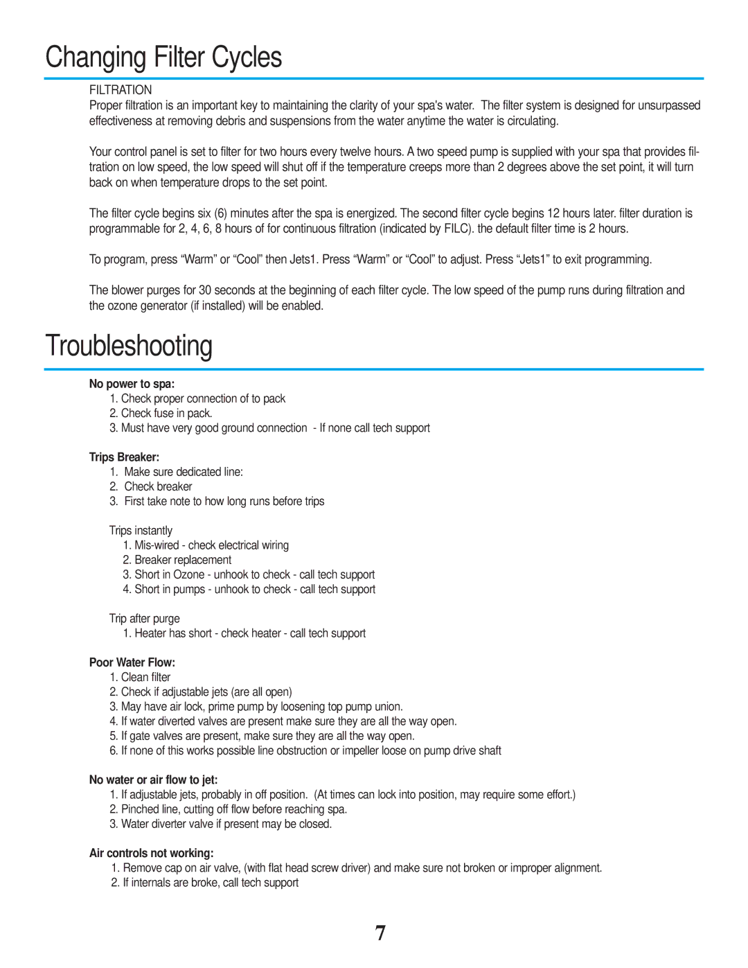 Strong Pools and Spas Barcelona owner manual Changing Filter Cycles, Troubleshooting 