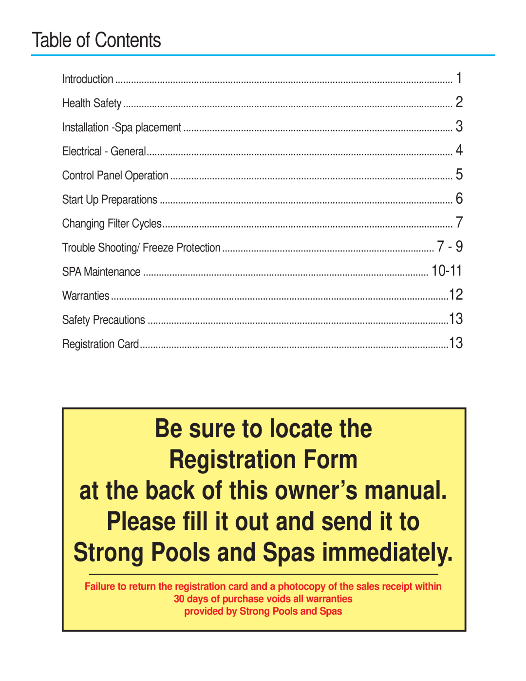 Strong Pools and Spas Barcelona owner manual Table of Contents, Be sure to locate the Registration Form 