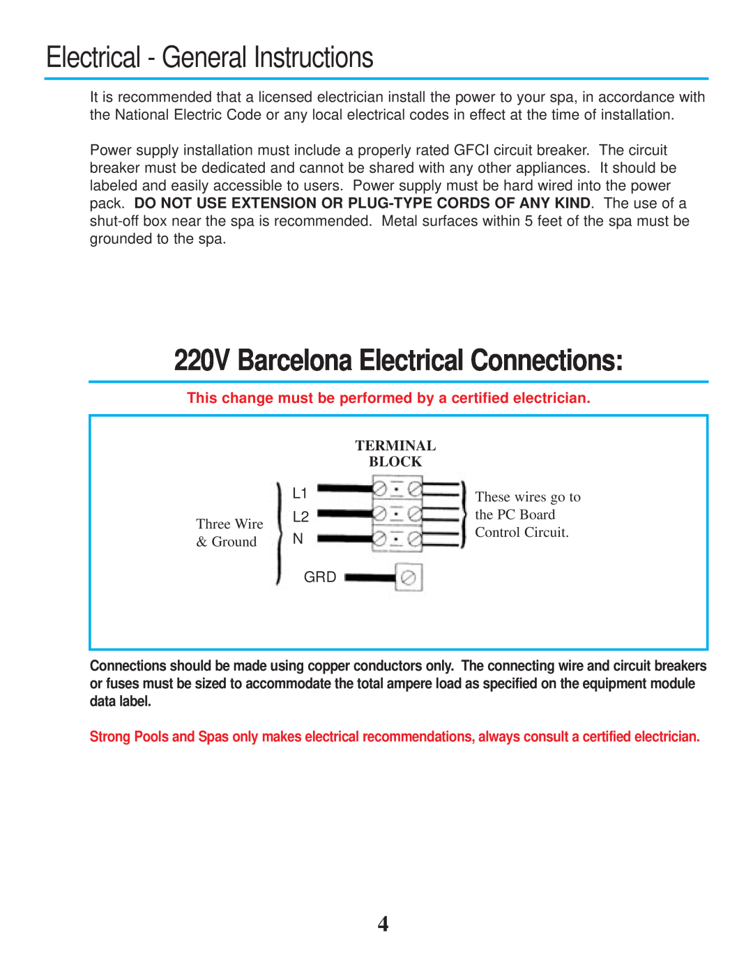Strong Pools and Spas Electrical - General Instructions, 220V Barcelona Electrical Connections, Three Wire, Ground 