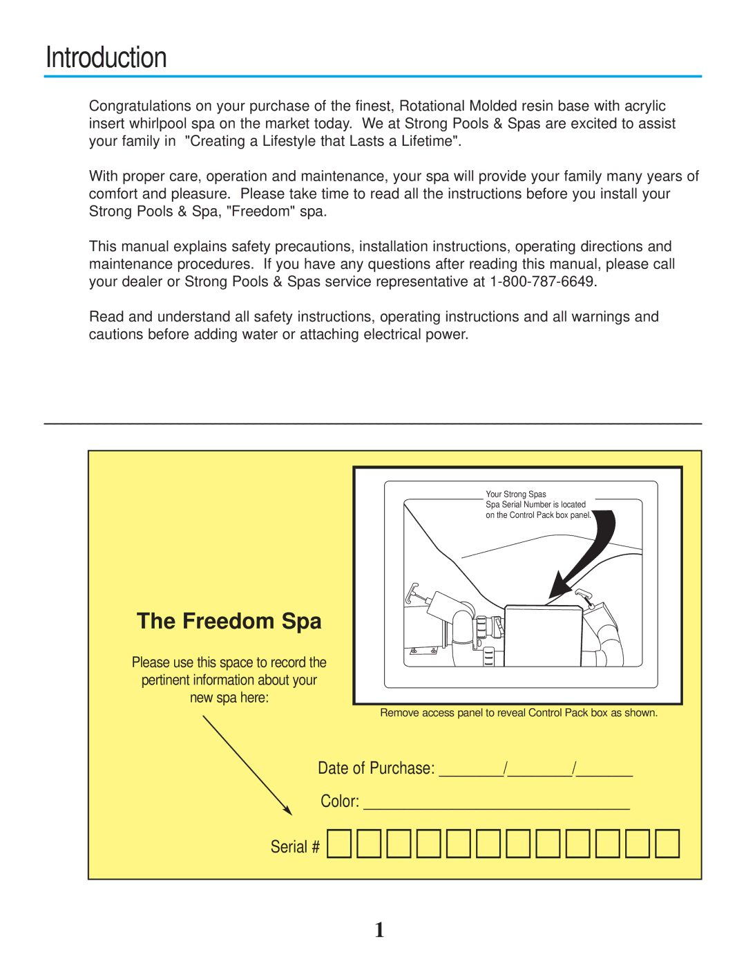 Strong Pools and Spas owner manual Introduction, Freedom Spa 