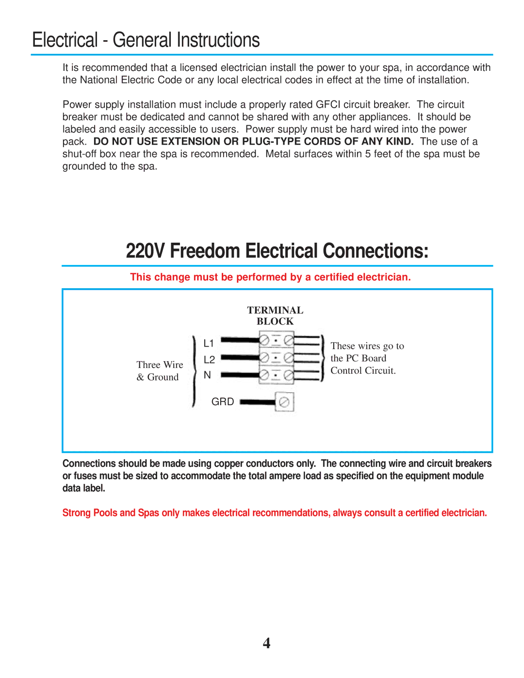 Strong Pools and Spas owner manual Electrical General Instructions, 220V Freedom Electrical Connections 