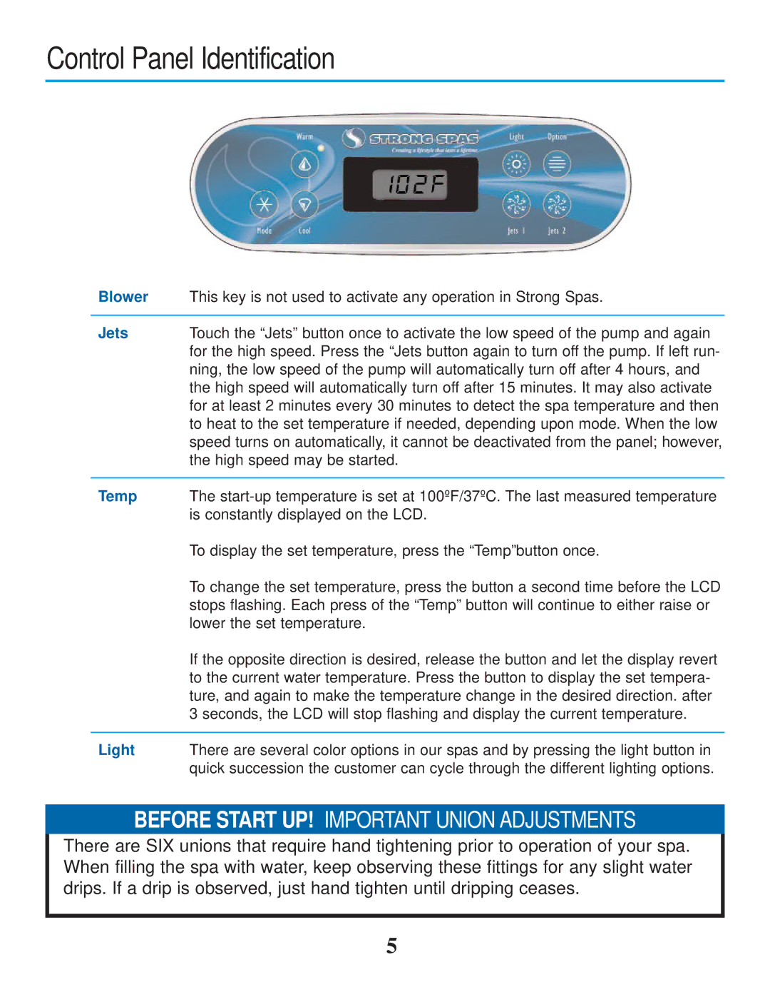 Strong Pools and Spas Freedom owner manual Control Panel Identification, Before Start UP! Important Union Adjustments 