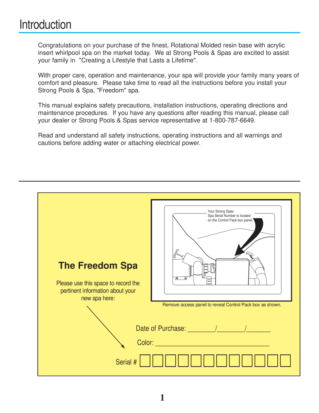Strong Pools and Spas owner manual Introduction, The Freedom Spa, Date of Purchase 