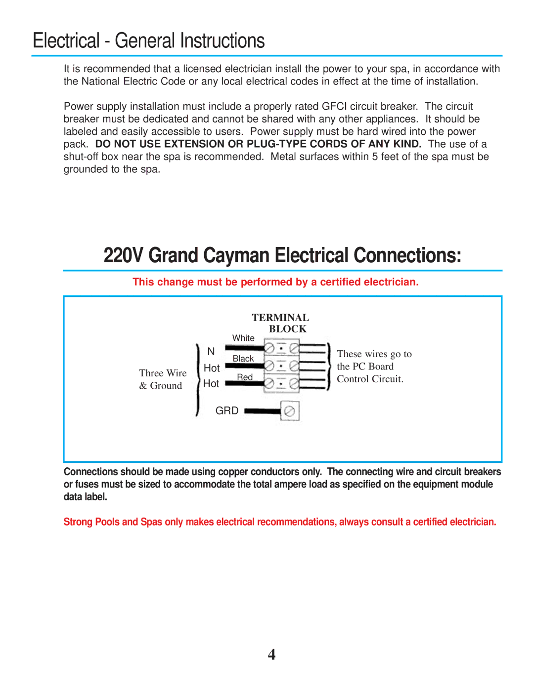 Strong Pools and Spas Grand Cayman Spa Electrical General Instructions, 220V Grand Cayman Electrical Connections 