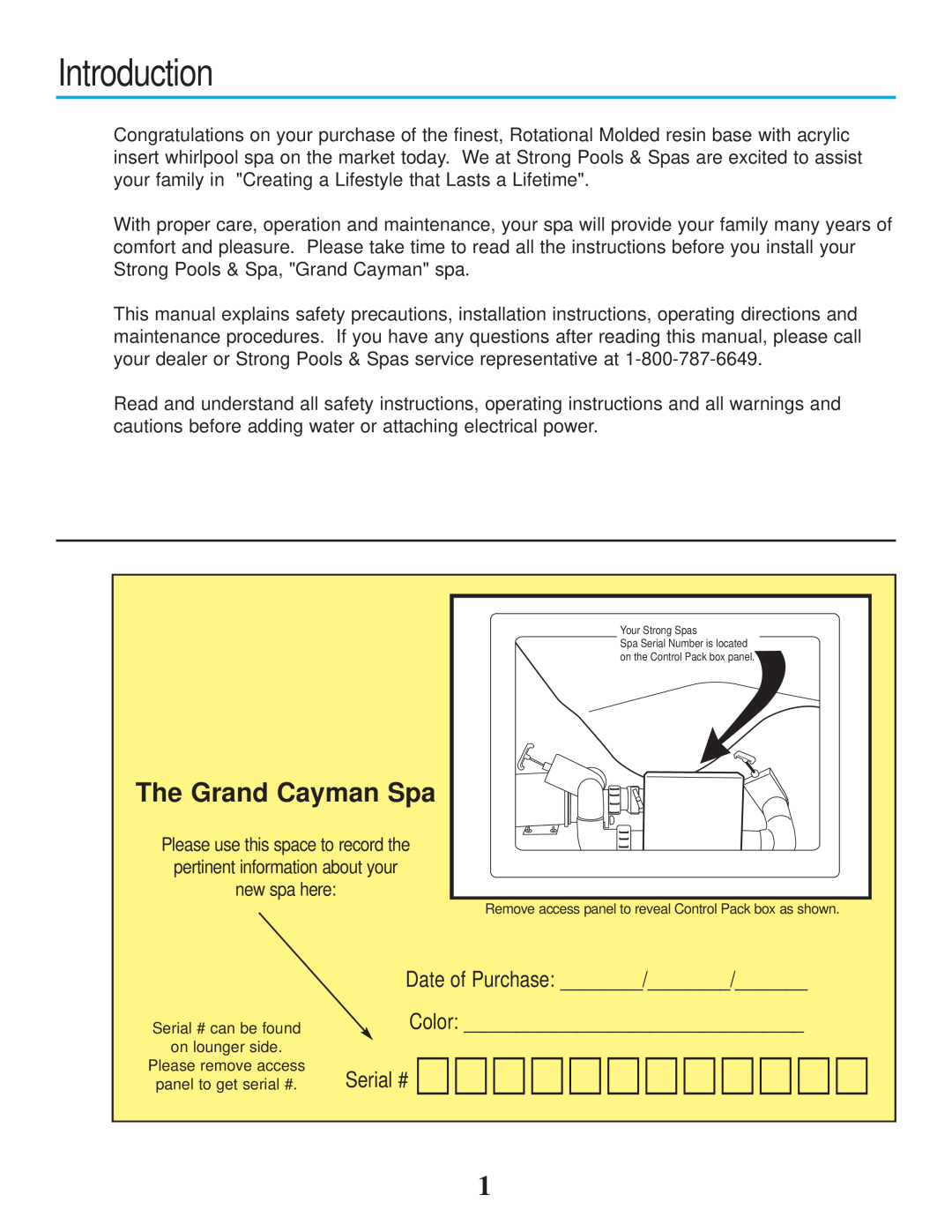 Strong Pools and Spas owner manual Introduction, Color Serial #, Date of Purchase, The Grand Cayman Spa 