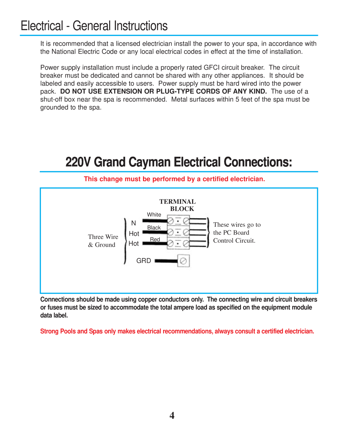 Strong Pools and Spas Grand Cayman Spa Electrical - General Instructions, 220V Grand Cayman Electrical Connections, Ground 