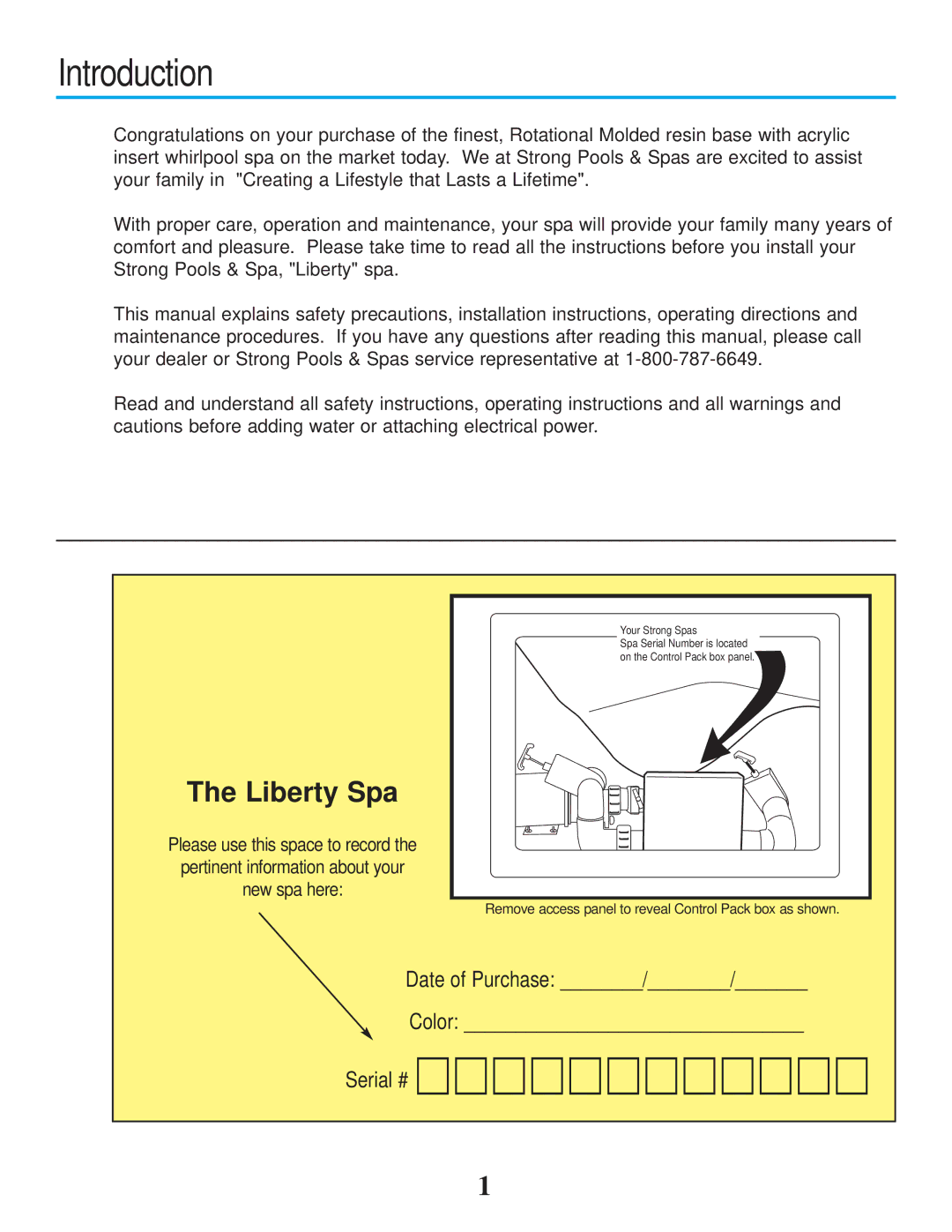 Strong Pools and Spas owner manual Introduction, Liberty Spa 