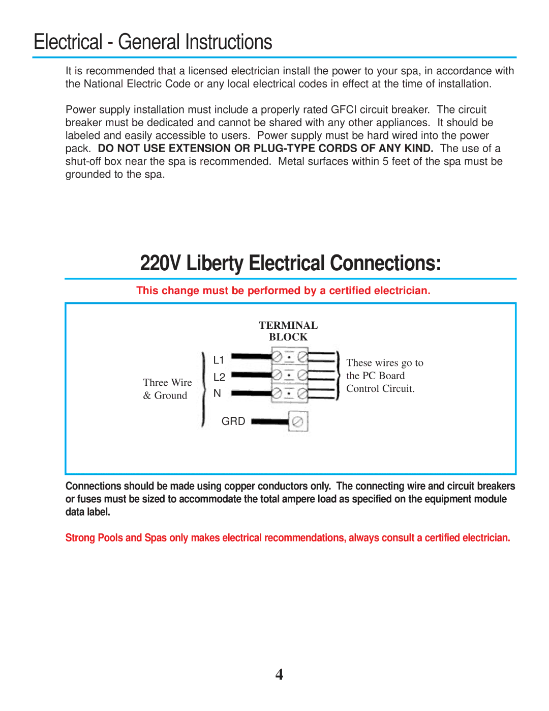 Strong Pools and Spas owner manual Electrical General Instructions, 220V Liberty Electrical Connections 