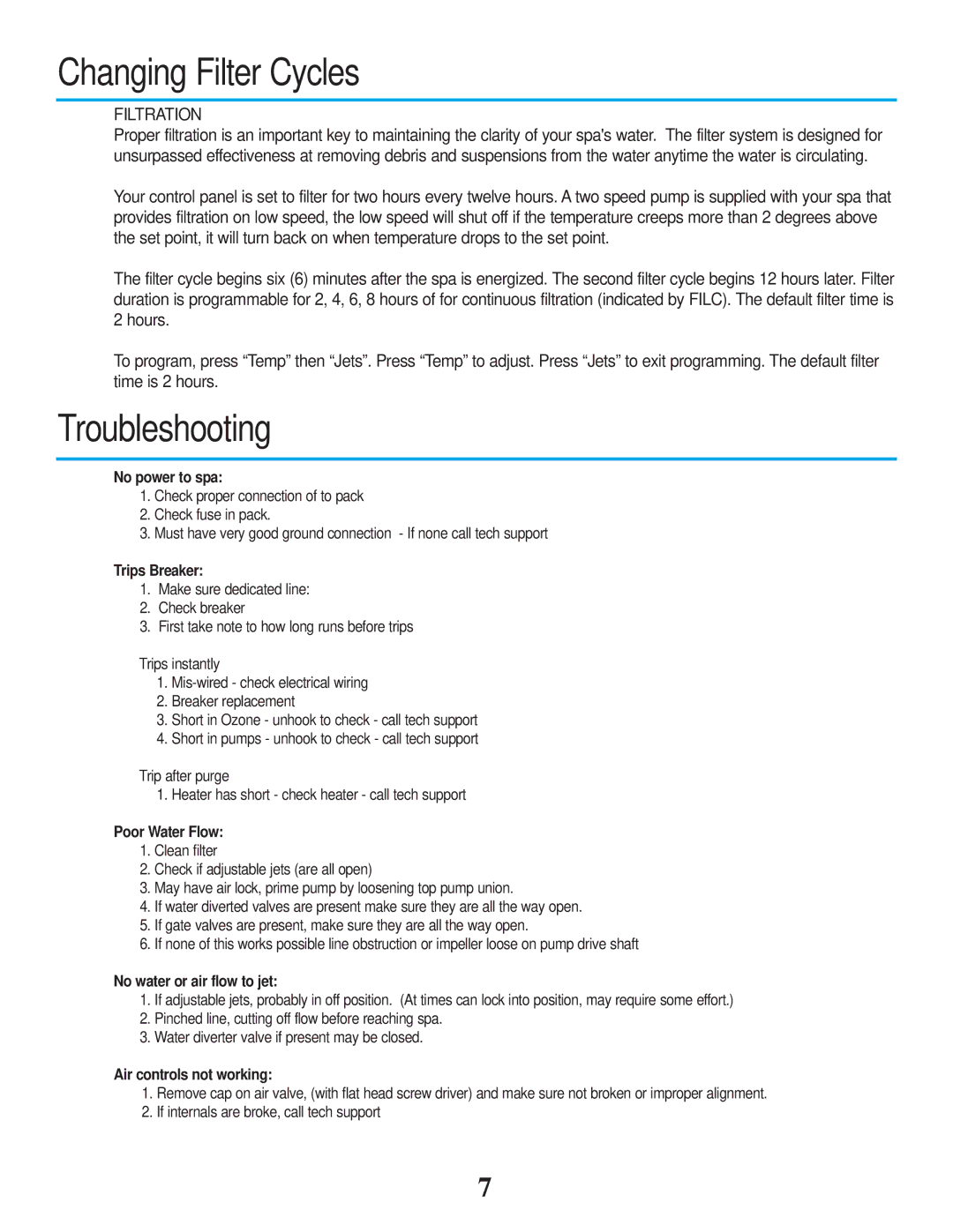 Strong Pools and Spas Liberty owner manual Changing Filter Cycles, Troubleshooting 