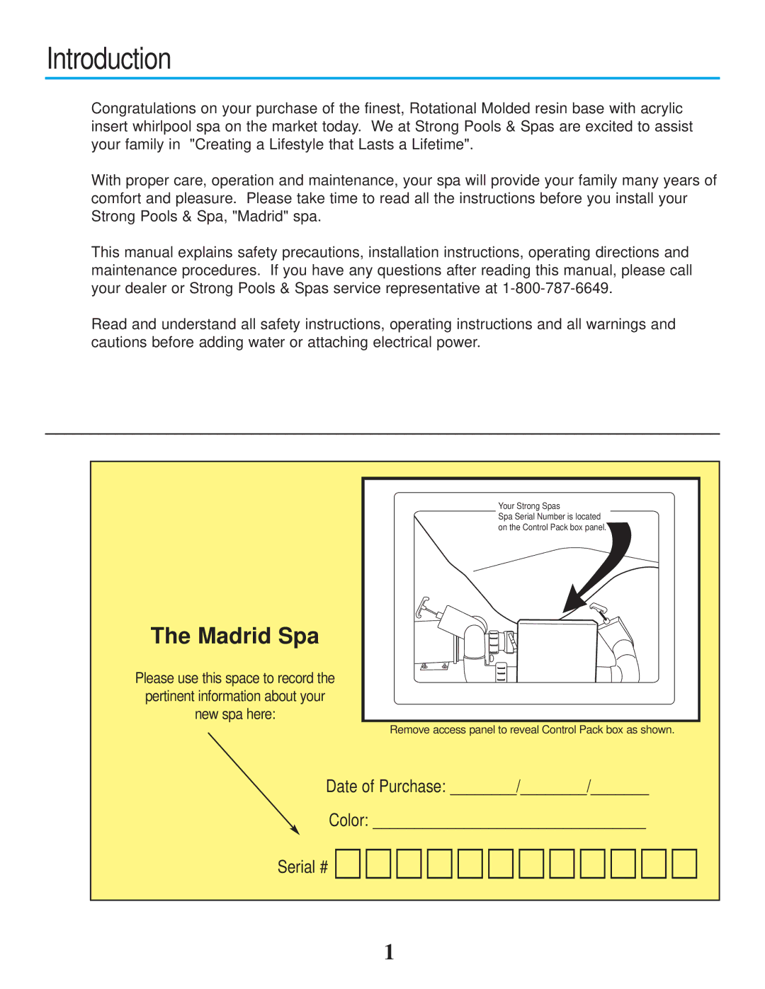 Strong Pools and Spas owner manual Introduction, Madrid Spa 