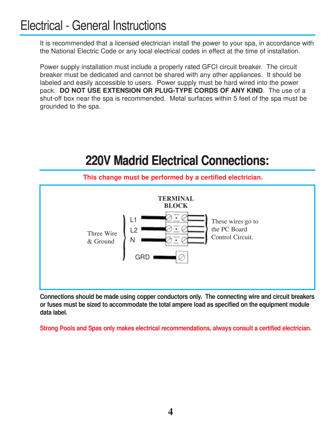 Strong Pools and Spas Electrical - General Instructions, 220V Madrid Electrical Connections, Three Wire, Ground 
