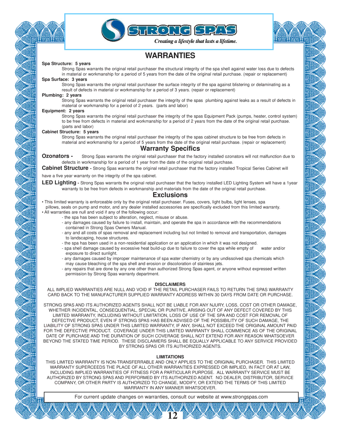 Strong Pools and Spas Maui Spa owner manual Warranties 