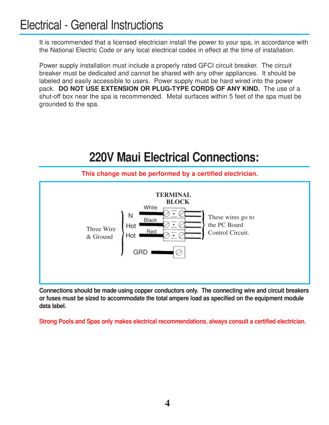 Strong Pools and Spas Maui Spa owner manual Electrical General Instructions, 220V Maui Electrical Connections 