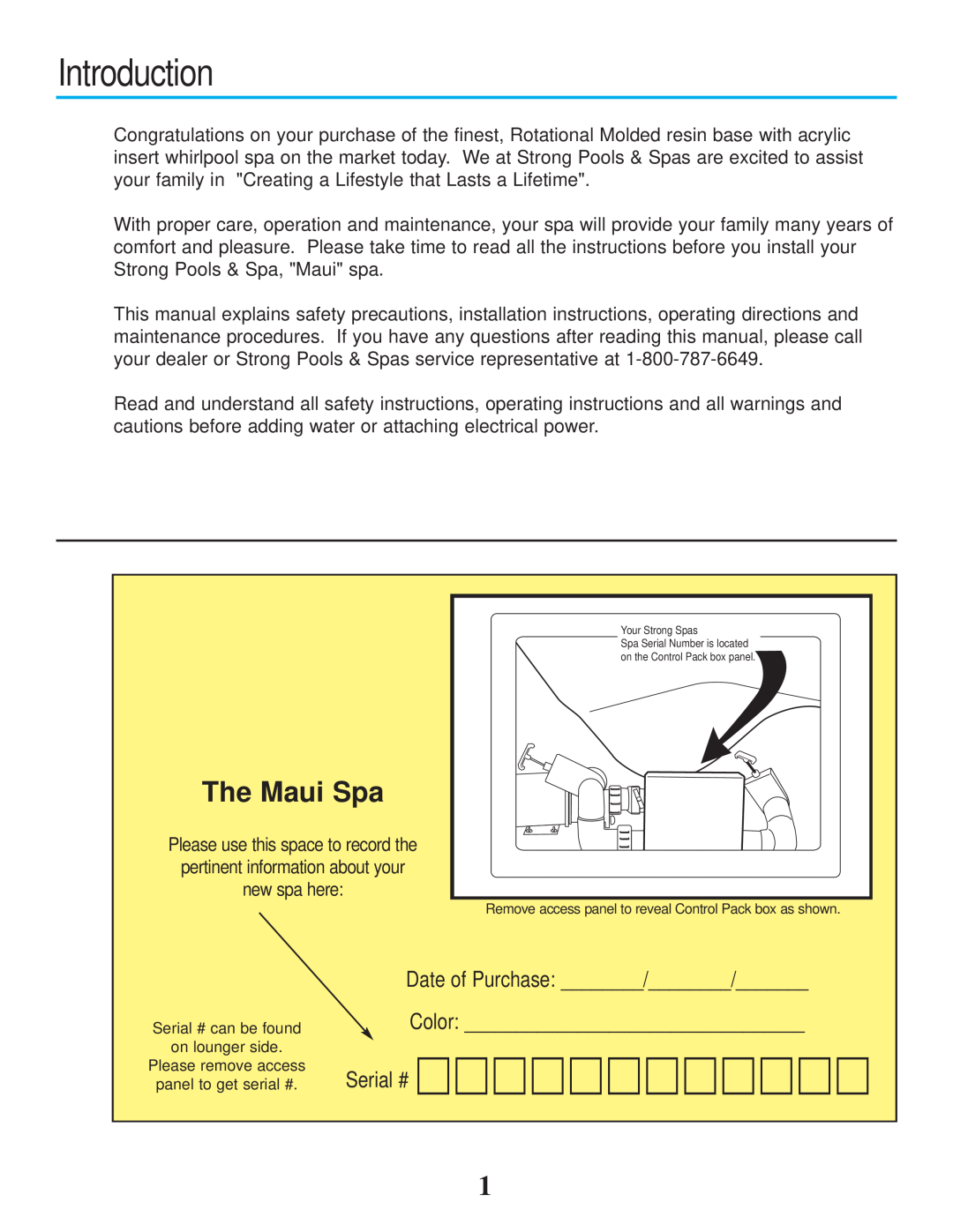 Strong Pools and Spas owner manual Introduction, The Maui Spa, Color Serial #, Date of Purchase 