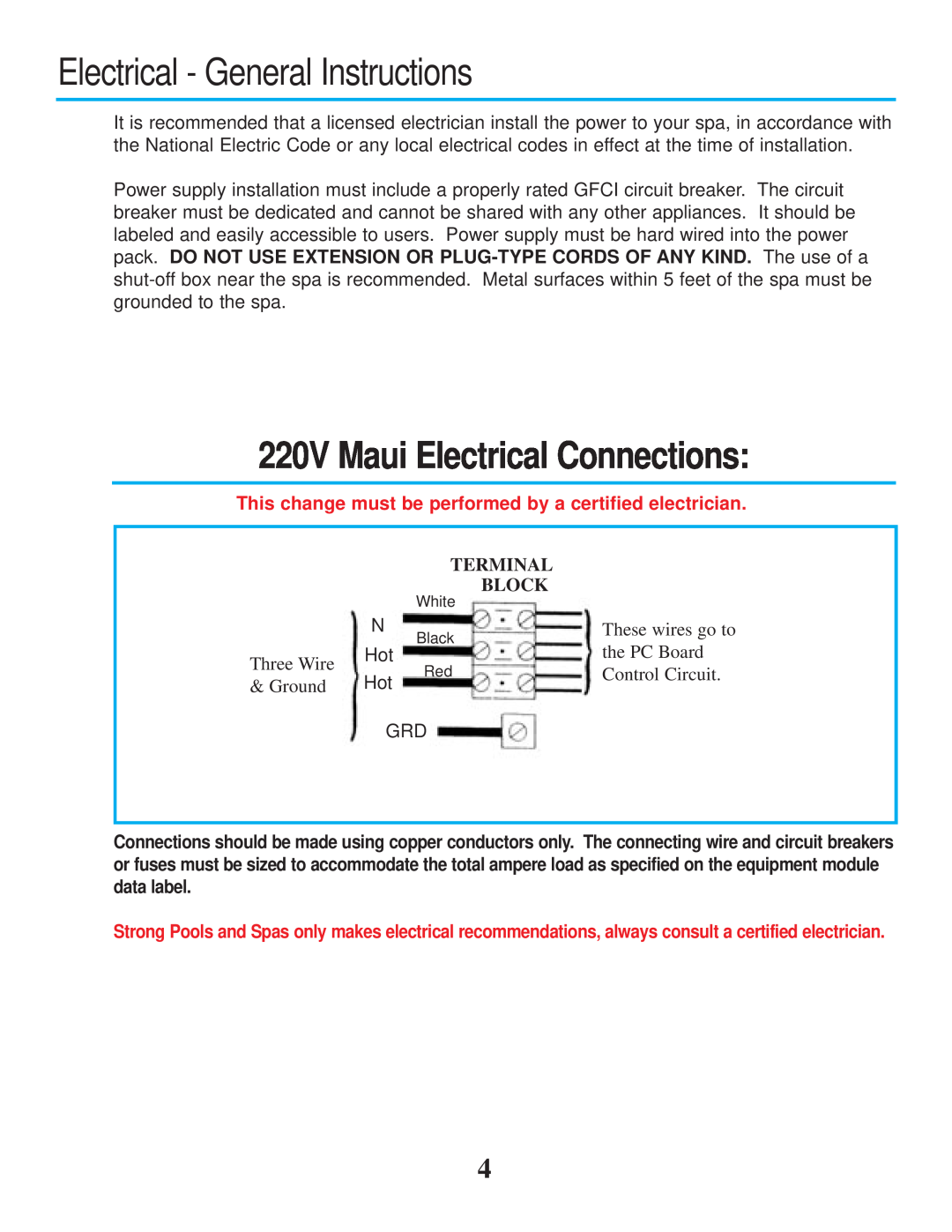 Strong Pools and Spas Maui Spa Electrical - General Instructions, 220V Maui Electrical Connections, Terminal Block, Ground 