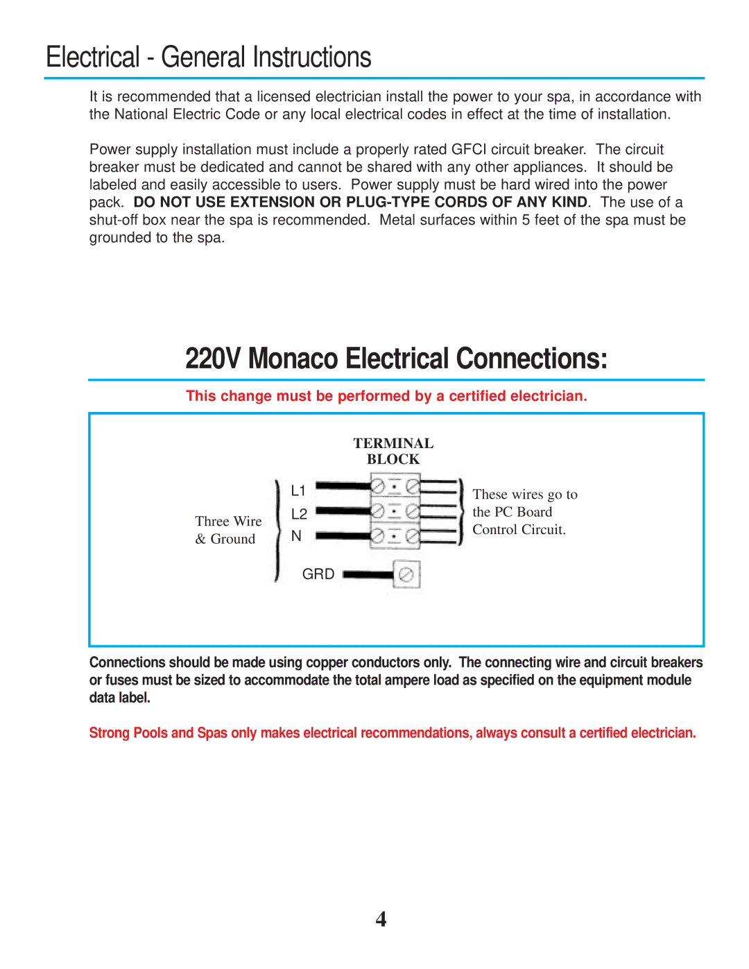 Strong Pools and Spas owner manual Electrical General Instructions, 220V Monaco Electrical Connections 