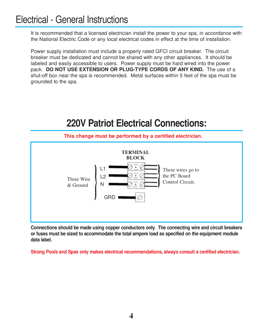 Strong Pools and Spas Patriot Spa owner manual Electrical General Instructions, 220V Patriot Electrical Connections 