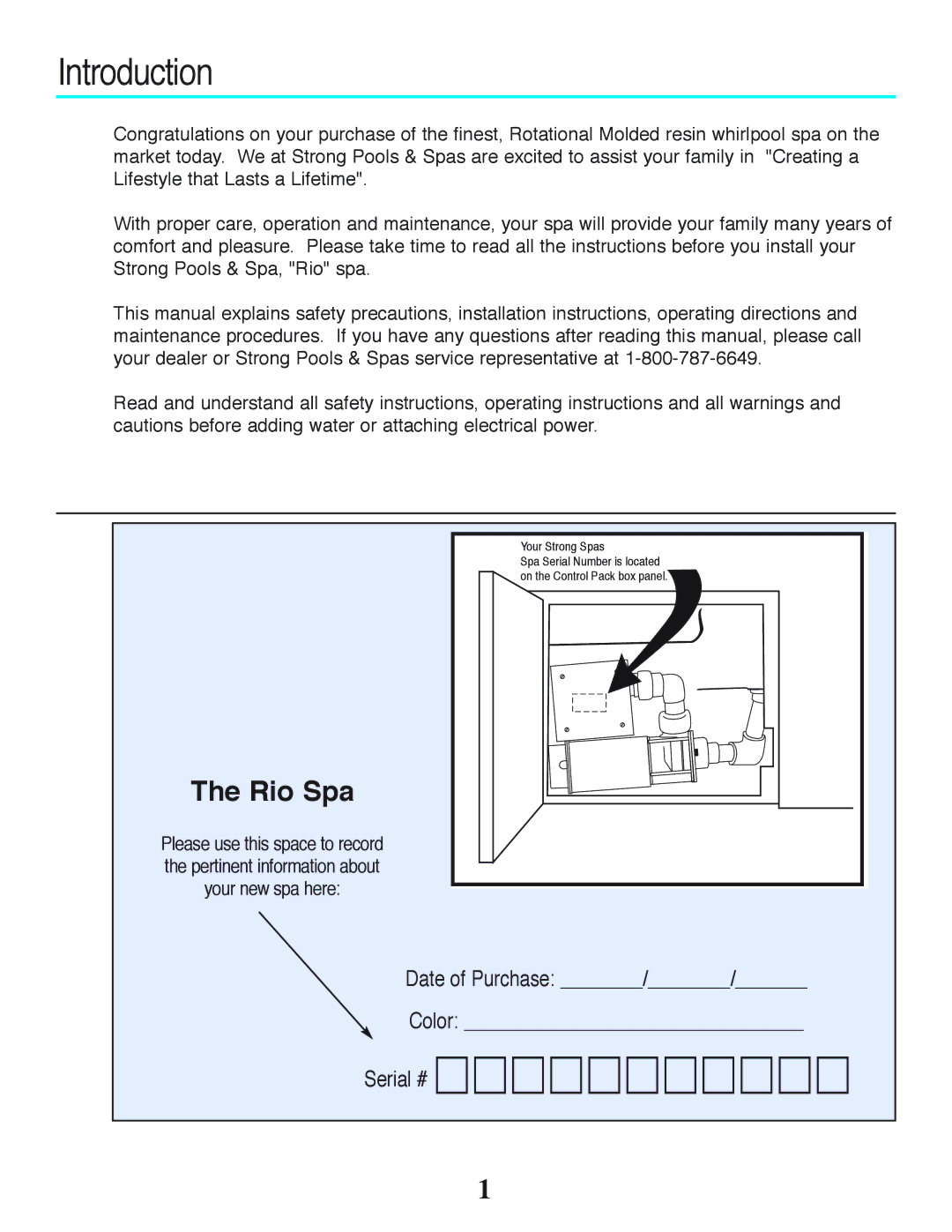 Strong Pools and Spas Rio Spa owner manual Introduction 