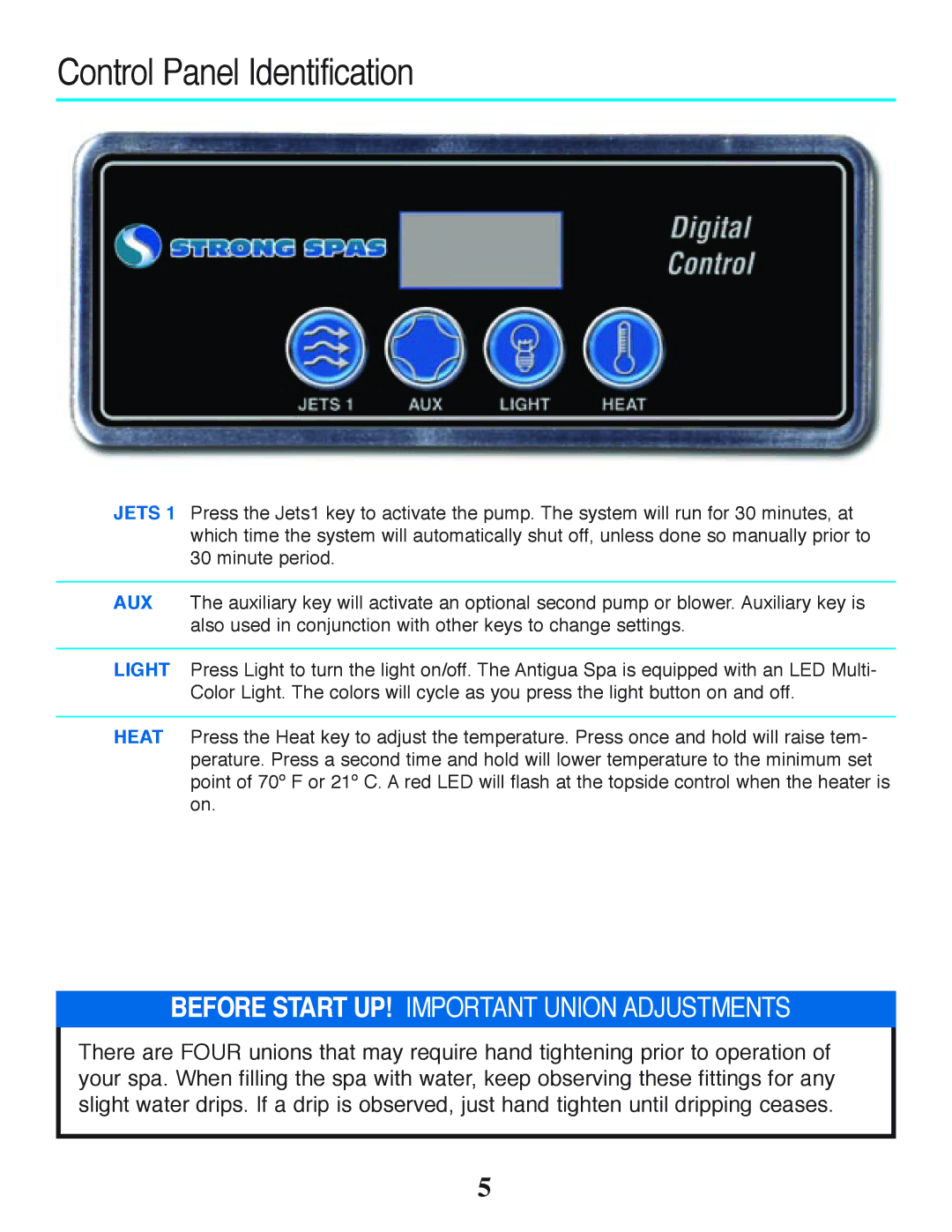 Strong Pools and Spas Rio Spa owner manual Control Panel Identification, Before Start UP! Important Union Adjustments 