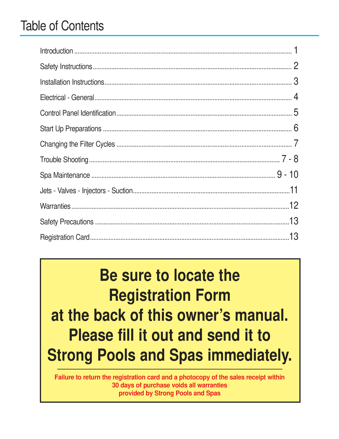 Strong Pools and Spas Rotational Molded resin whirlpool spa owner manual Table of Contents 