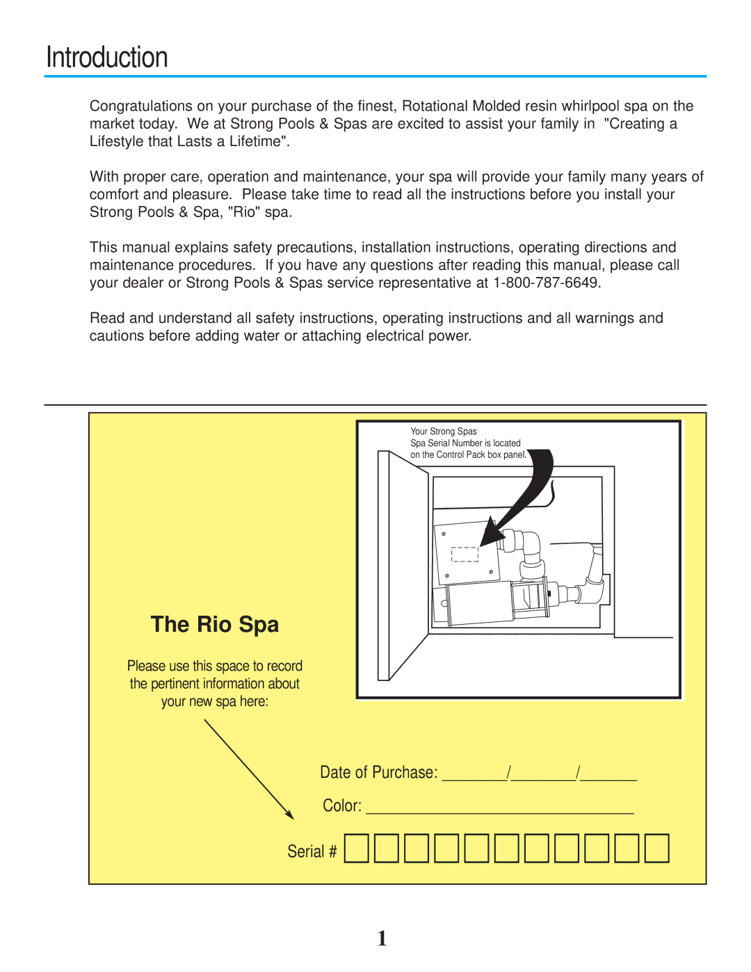 Strong Pools and Spas Rotational Molded resin whirlpool spa owner manual Introduction, Rio Spa 