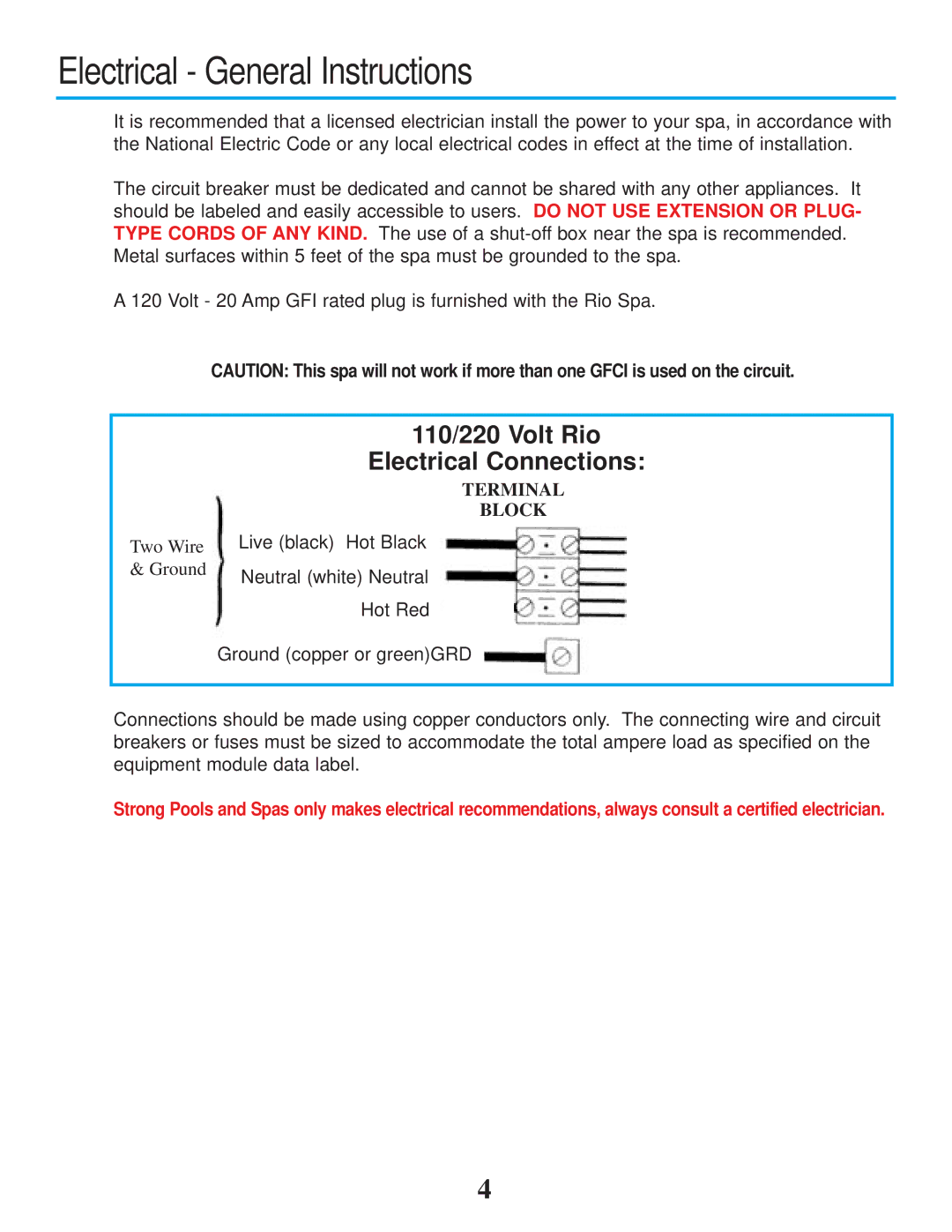 Strong Pools and Spas Rotational Molded resin whirlpool spa owner manual Electrical General Instructions 