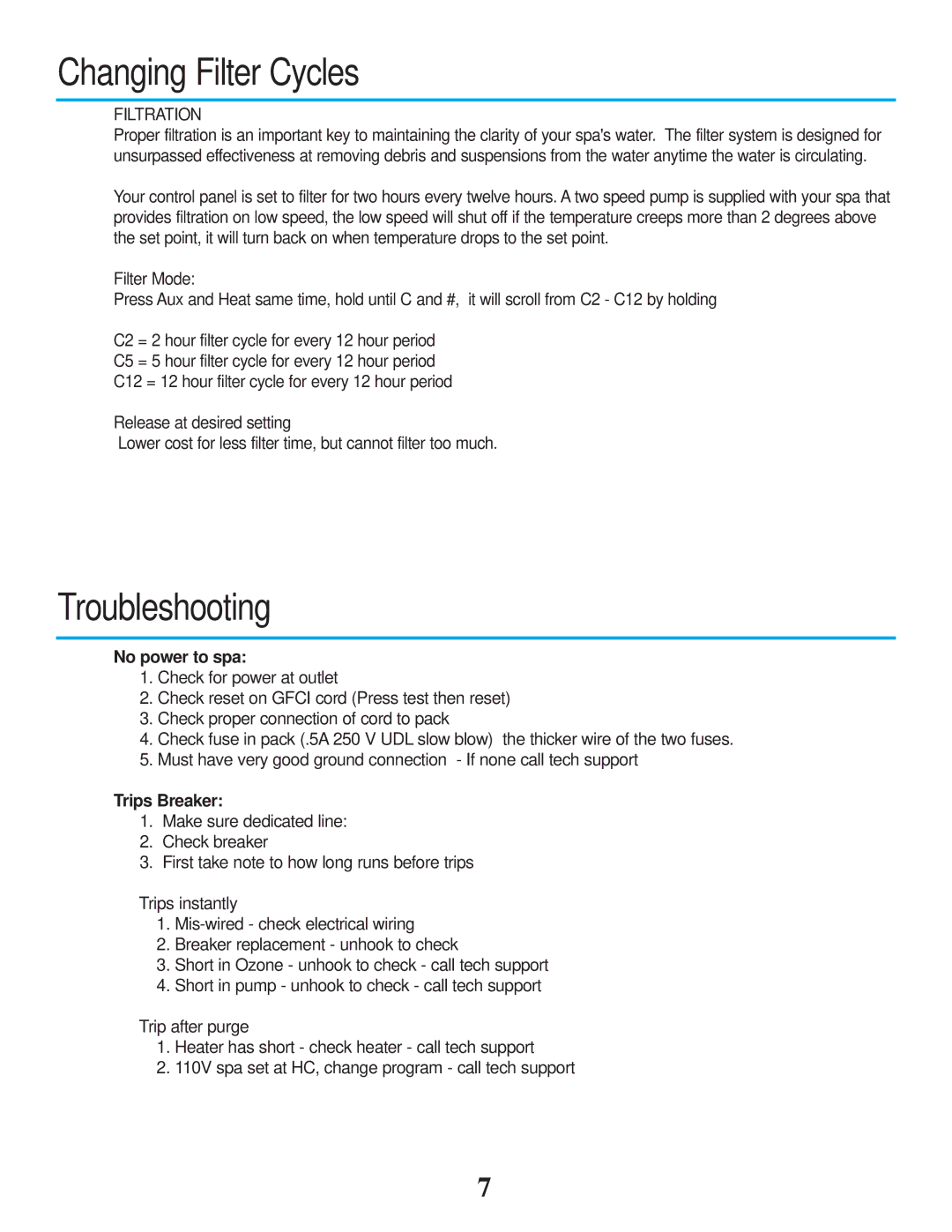 Strong Pools and Spas Rotational Molded resin whirlpool spa owner manual Changing Filter Cycles, Troubleshooting 