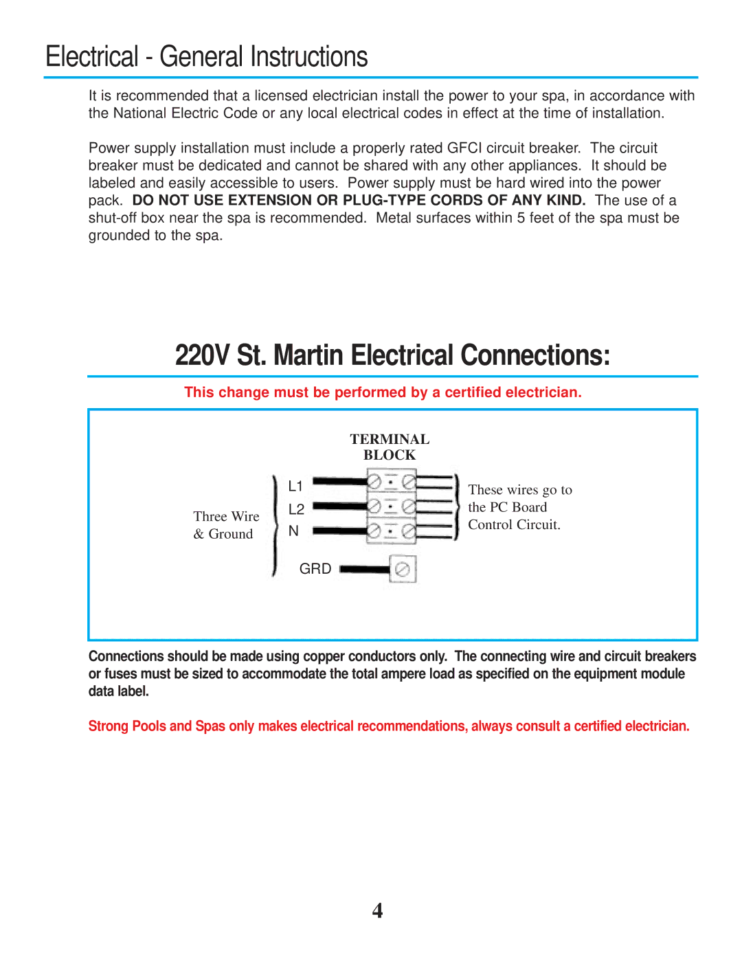 Strong Pools and Spas owner manual Electrical General Instructions, 220V St. Martin Electrical Connections 