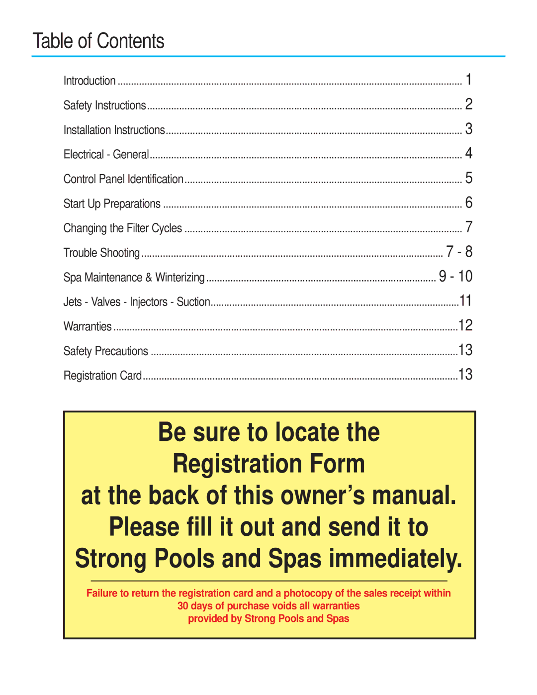 Strong Pools and Spas Strong Spas The Antigua owner manual Table of Contents 