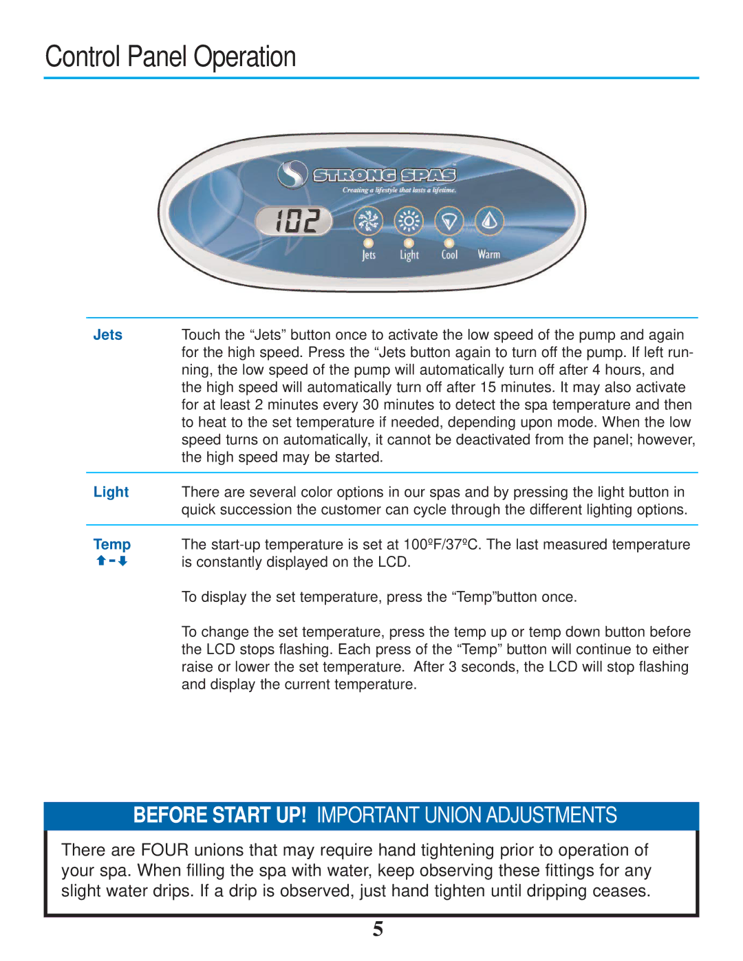 Strong Pools and Spas Strong Spas The Antigua owner manual Control Panel Operation, Jets 