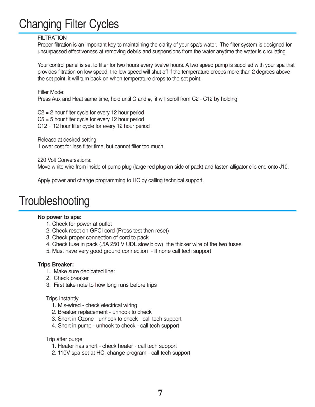 Strong Pools and Spas Strong Spas The Antigua owner manual Changing Filter Cycles, Troubleshooting 