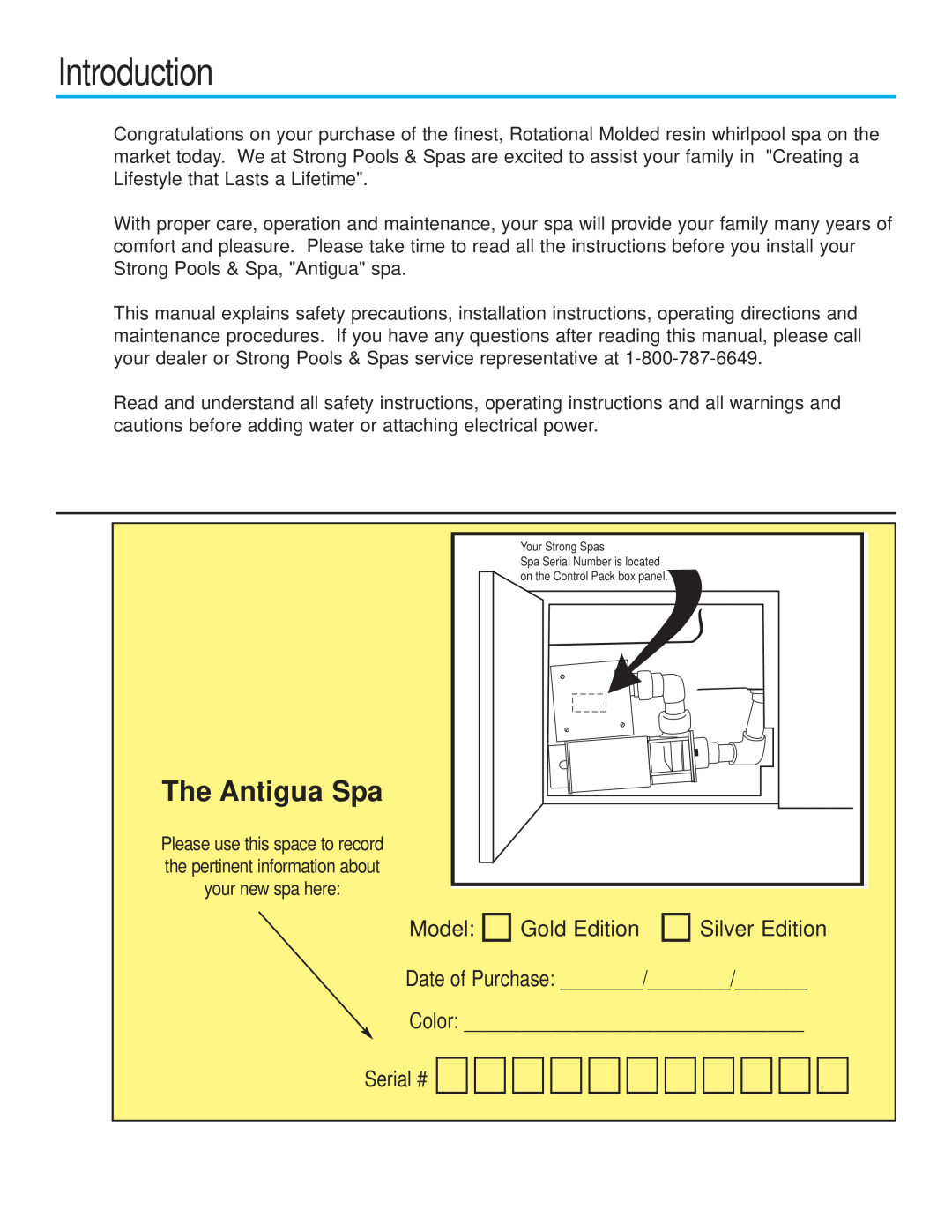 Strong Pools and Spas Strong Spas The Antigua owner manual Introduction, The Antigua Spa, Model Gold Edition Silver Edition 