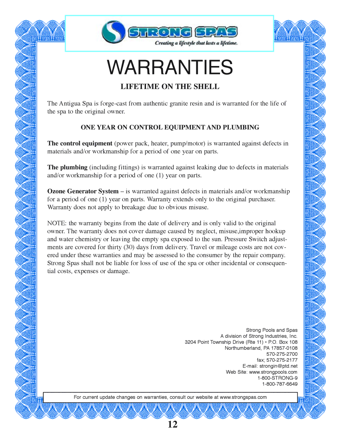 Strong Pools and Spas The Antigua owner manual Warranties 