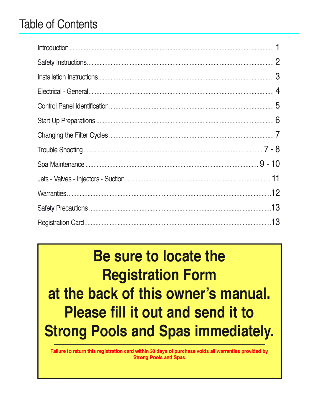 Strong Pools and Spas The Antigua owner manual Table of Contents 