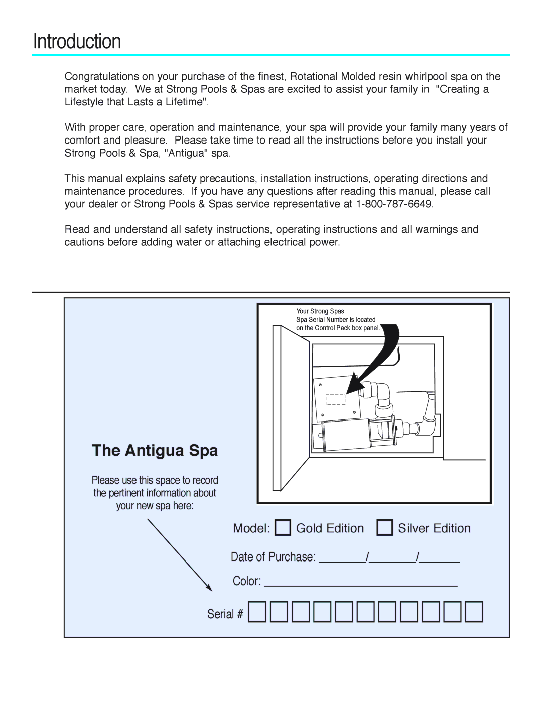 Strong Pools and Spas The Antigua owner manual Introduction, Antigua Spa 