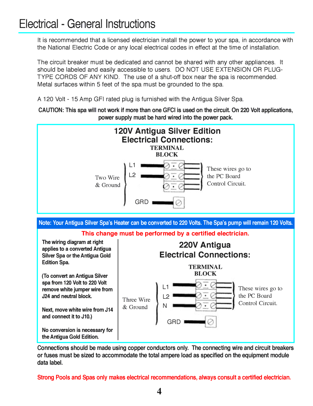 Strong Pools and Spas The Antigua Electrical General Instructions, 120V Antigua Silver Edition Electrical Connections 