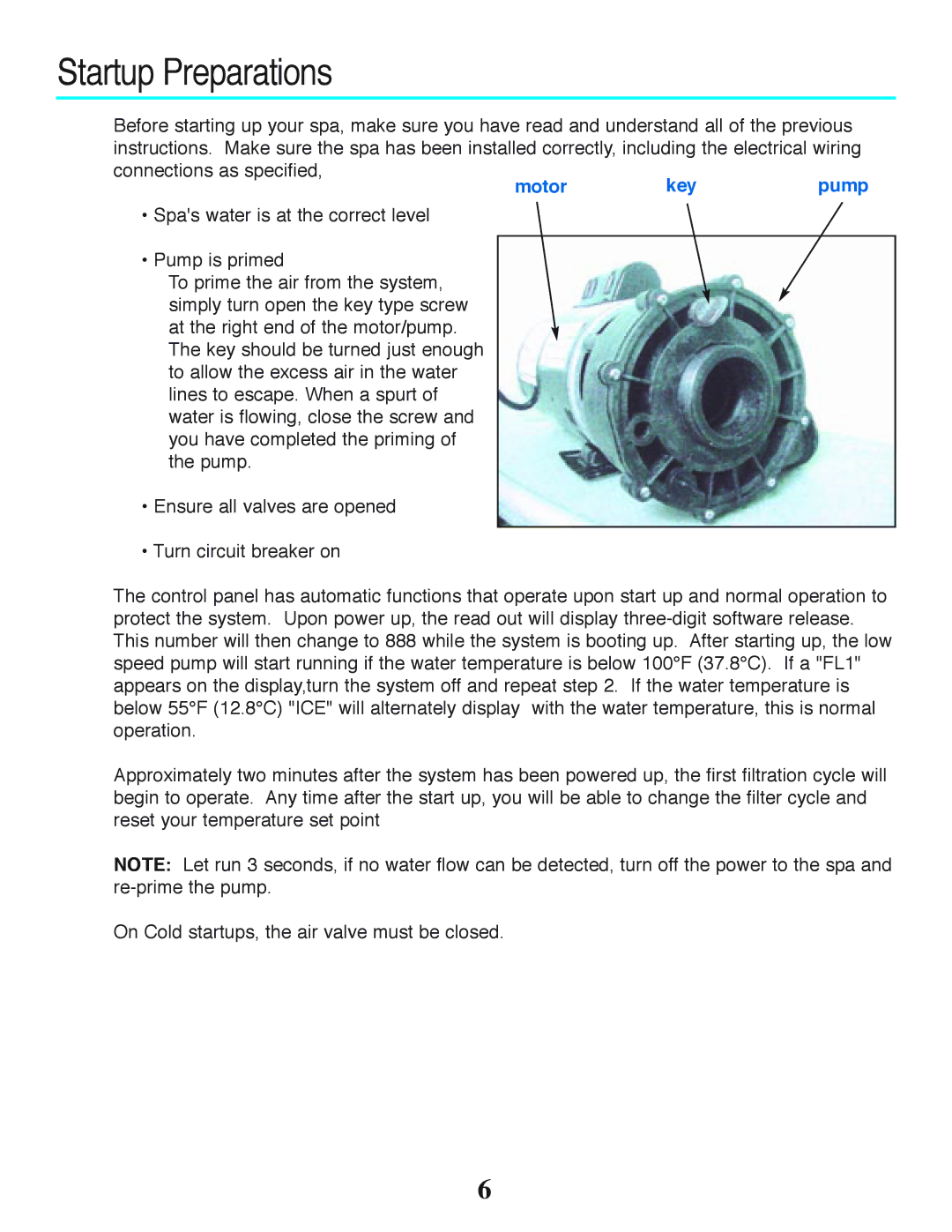 Strong Pools and Spas The Antigua owner manual Startup Preparations, Motor keypump 