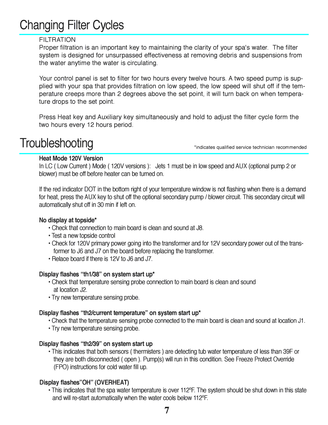 Strong Pools and Spas The Antigua owner manual Changing Filter Cycles, Troubleshooting 