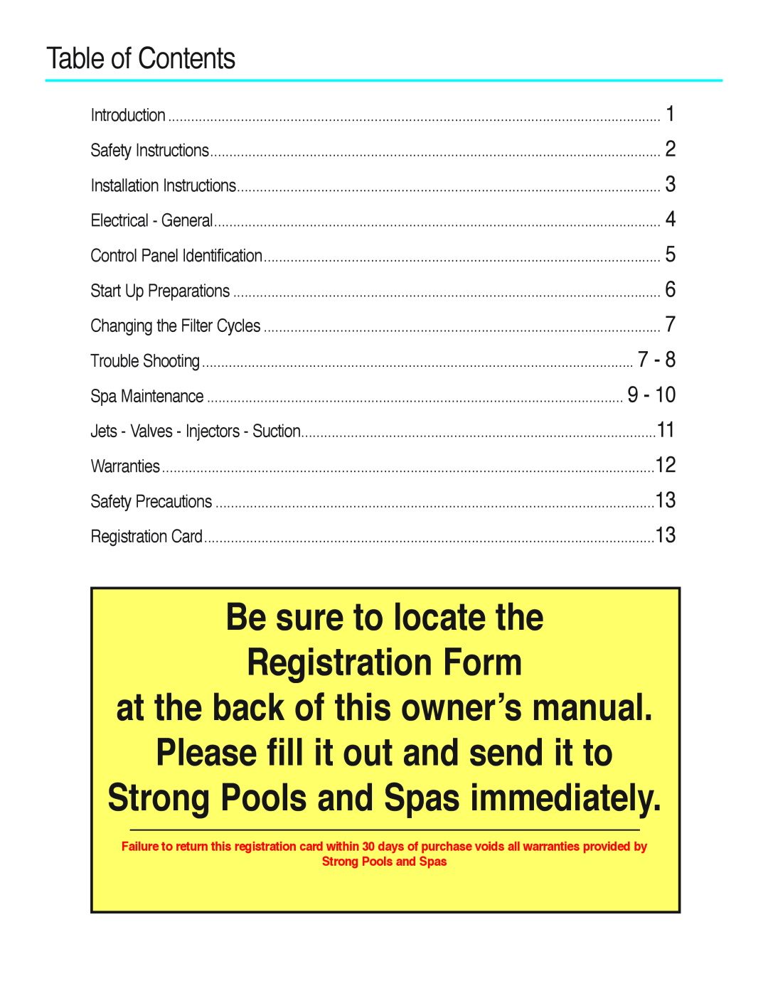 Strong Pools and Spas The Antigua Table of Contents, Be sure to locate the Registration Form, Strong Pools and Spas 